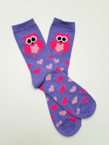 Owl Heart Purple Crew Socks