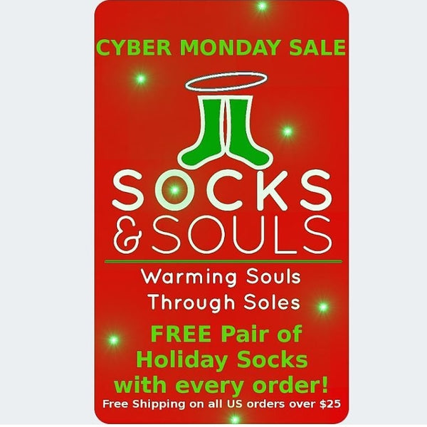 FREE Pair of Holiday Socks with each $25 order today for #CyberMonday