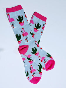 Christmas Flamingo Cactus Crew Socks