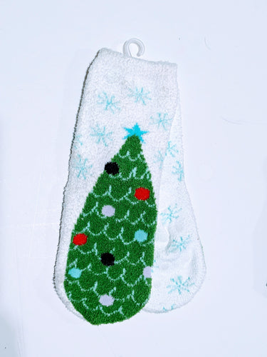 Fuzzy Christmas Tree Crew Socks with Non-Slip Bottoms