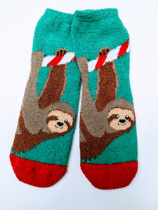Fuzzy Sloth Candy Cane Low Crew Socks