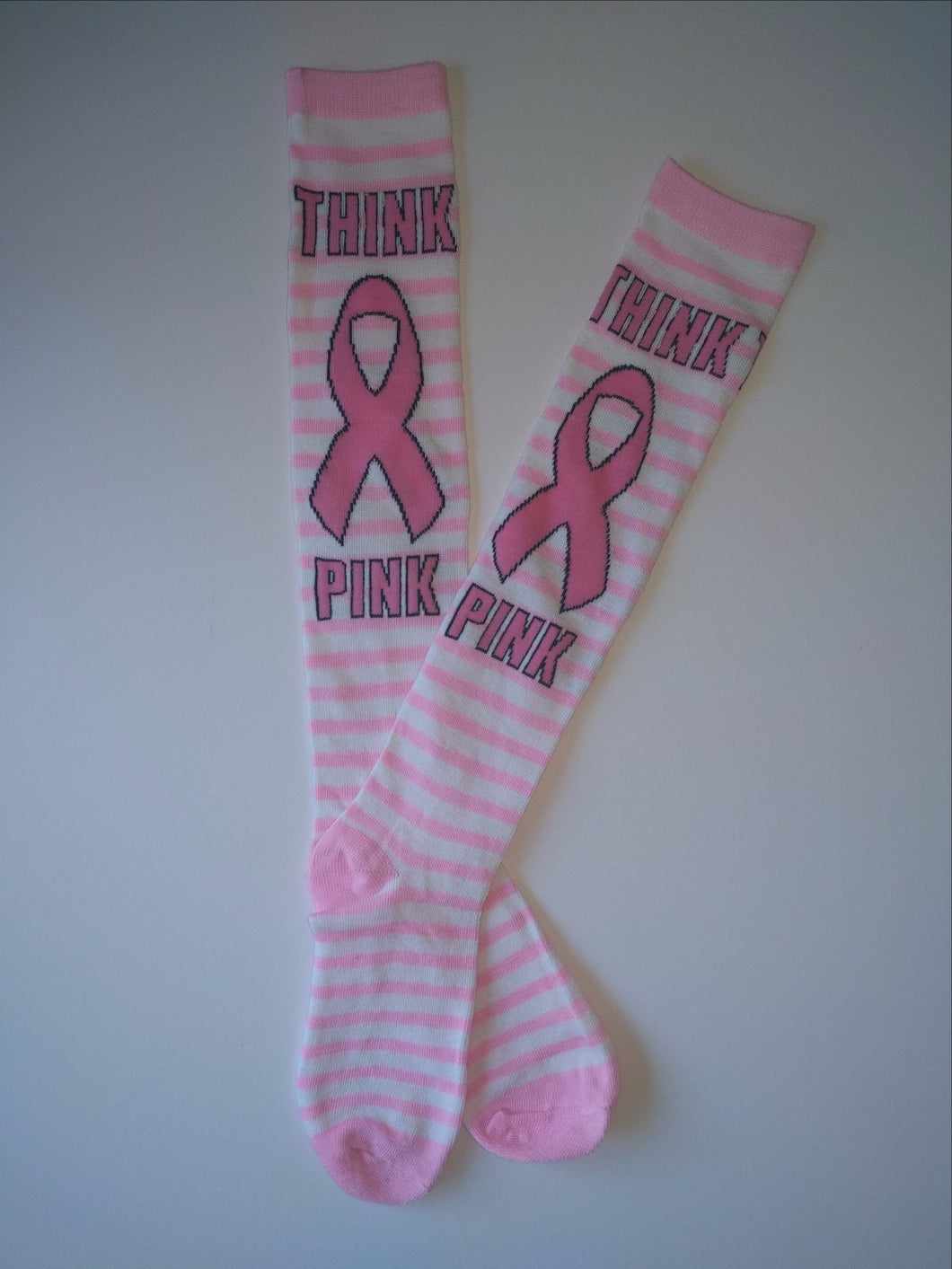 White w/ Pink Stripes & Breast Cancer Ribbon