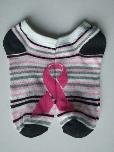 White w/ Breast Cancer Ribbons & Stripes Ankle Socks