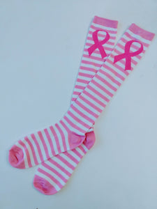 Pink w/ Breast Cancer Ribbons Striped Knee High Socks